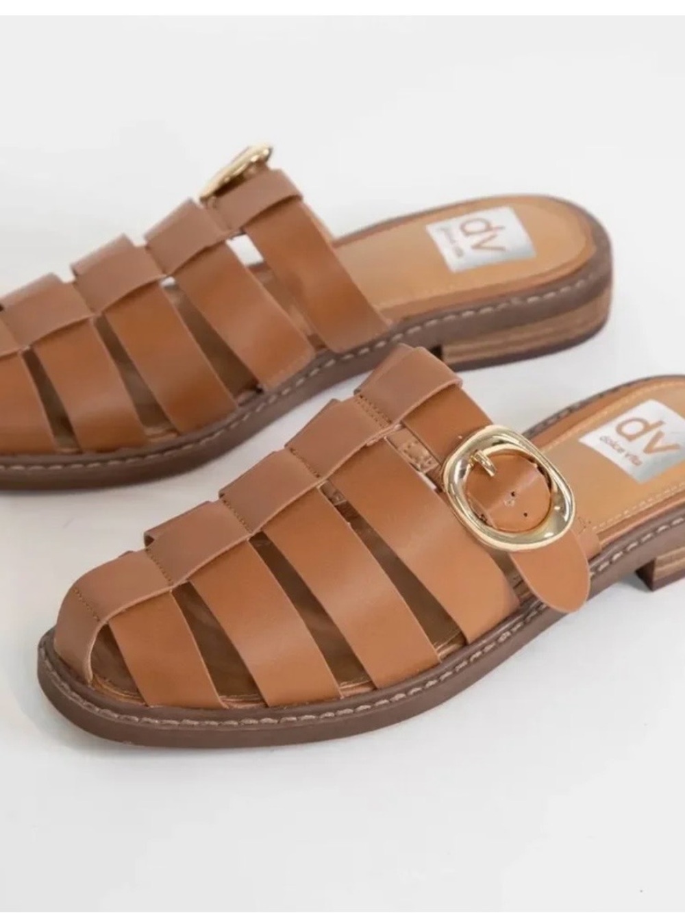 Dolce Vita Cognac Leather Strappy Slide with Gold Buckle